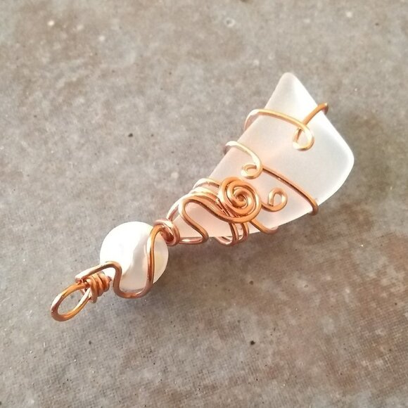 Wire Wrapped Tumbled Glass & Fire Agate Pendant! Unique One-of-a-kind - Picture 3 of 8